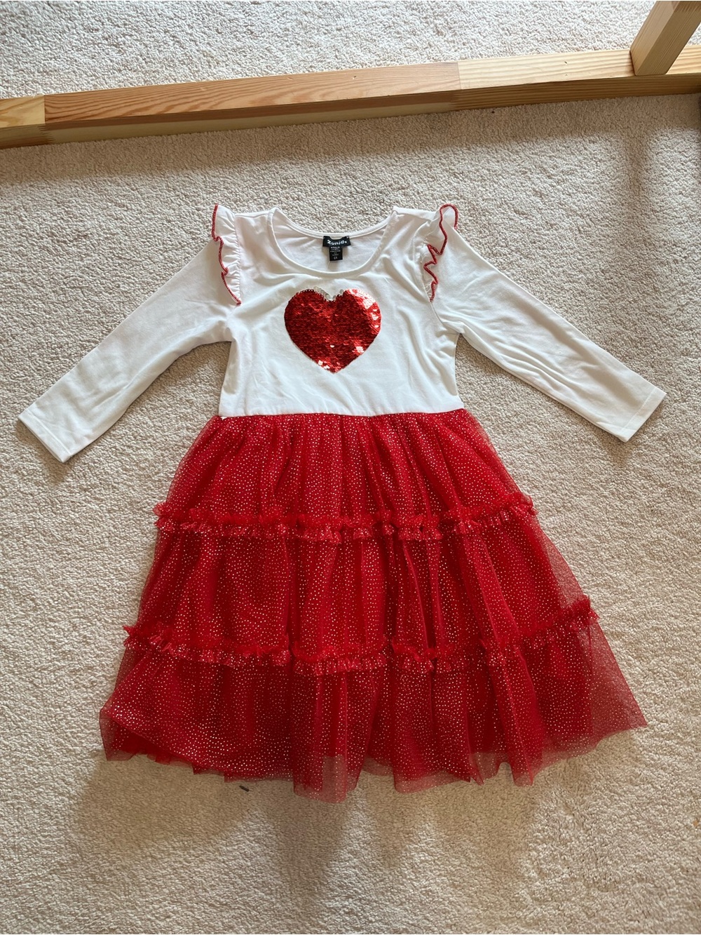 Zunie White Top with Red Sequin Heart & Red Tiered Tulle Dress